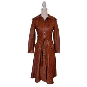 Vintage 1970s Ollie Leather Hooded Belted Trench Coat Canada Cognac Womens XS/Sm